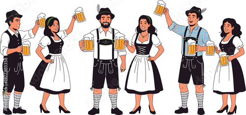 Group of People Celebrating with Beer in Traditional German Bavarian Attire