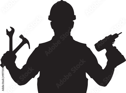 Construction worker silhouette holding tools like a wrench, hammer, and drill