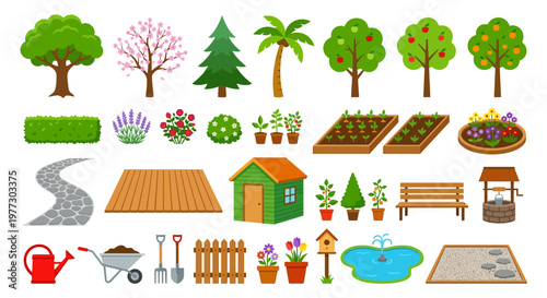 Colorful collection of garden elements trees and landscaping features