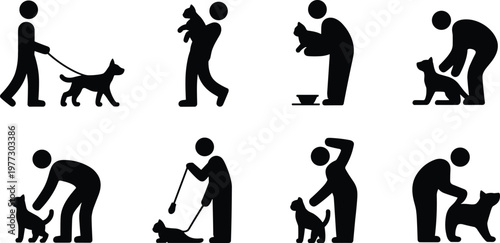 Dog care silhouettes showing walking, feeding, petting, grooming, cleaning, exercising, bonding activities between owner and pet in vector art