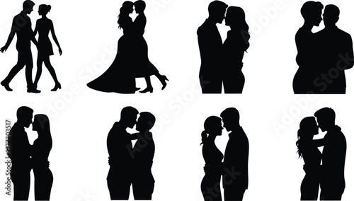 Romantic couple silhouettes embracing, kissing, standing together in love poses with formal and casual clothing styles for relationship vector  