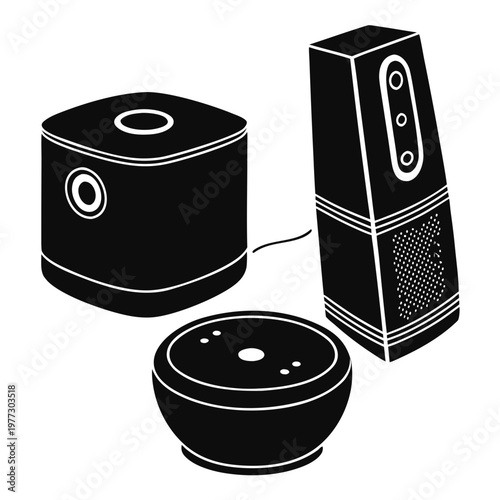 A minimalist vector graphic illustration of a computer speaker system with a subwoofer and two satellite speakers in a flat design style