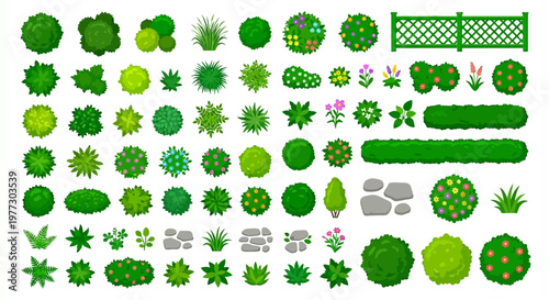 Aerial view of various shrubs trees flowerbeds and garden elements