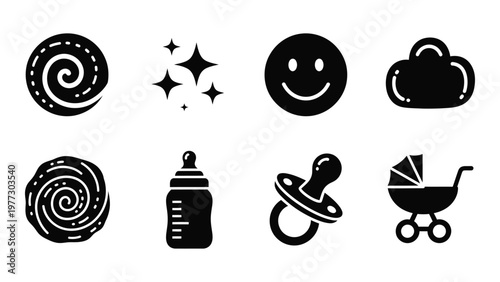 A collection of simple black silhouette icons depicts baby items sweet treats and cheerful weather elements high quality professional detailed modern