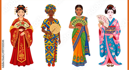 Four women in traditional clothing representing different asian cultures