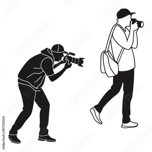 A vector graphic illustration of two photographers taking pictures with their cameras in a minimalist style