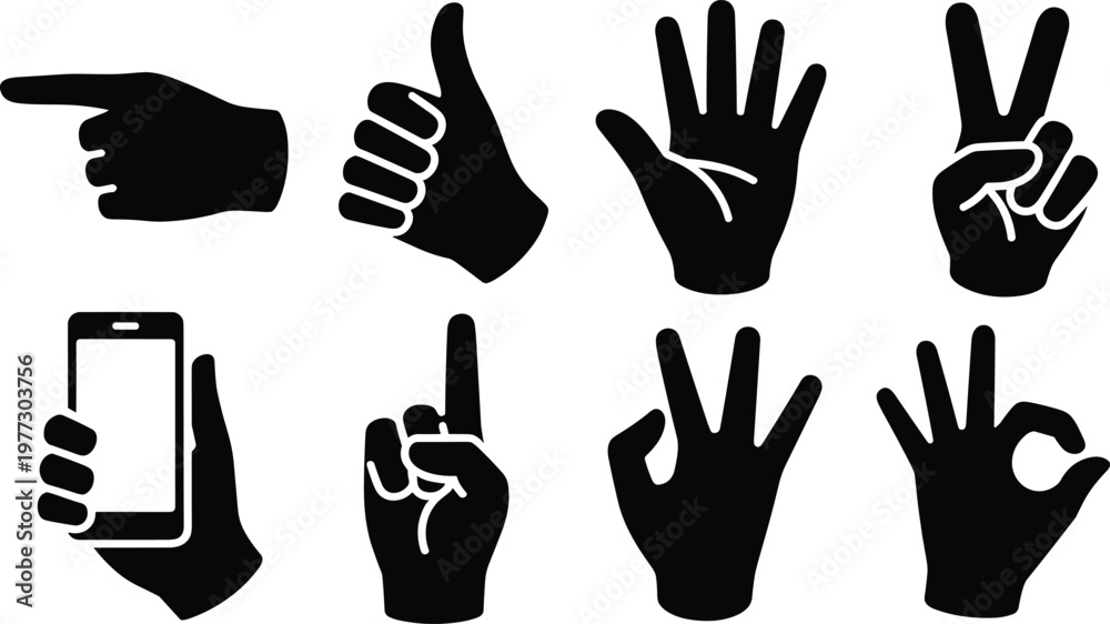 Obraz premium Vector silhouette illustration of diverse hand gestures including thumbs up, pointing, peace sign, OK symbol, smartphone use, and expressive poses