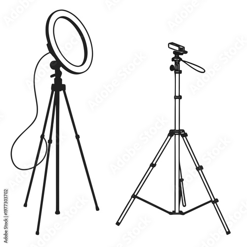 A vector graphic illustration of two tripods with a ring light and microphone for photography and videography