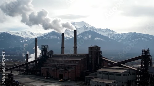 Industrial complex with smokestacks, mountains, and wintery weather