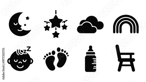 A collection of black silhouette icons representing baby related items and nighttime dream imagery high quality professional detailed modern elegant stylish