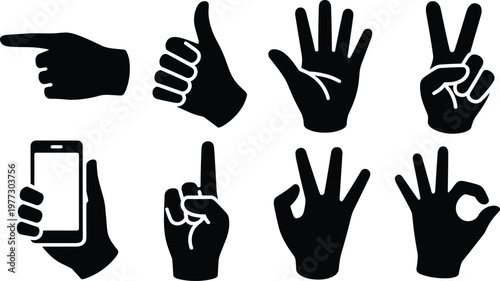 Vector silhouette illustration of diverse hand gestures including thumbs up, pointing, peace sign, OK symbol, smartphone use, and expressive poses