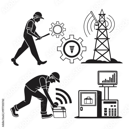 A black and white vector graphic illustration of workers installing and maintaining telecommunications equipment and infrastructure