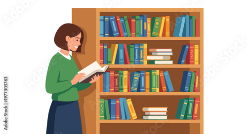 Woman reading a book while standing in front of a bookshelf