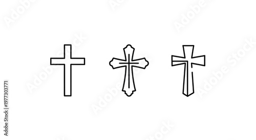 Three distinct religious crosses displayed in a minimalist silhouette