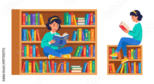 Young woman reading a book while sitting near a full bookshelf