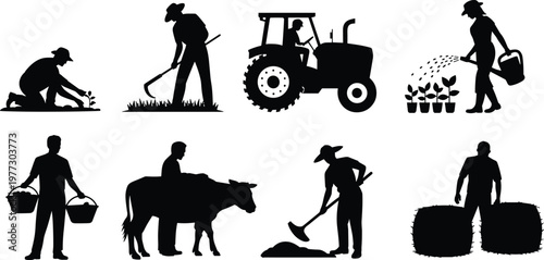 Vector silhouettes of farming activities including planting, harvesting, watering, livestock care, tractor driving, soil tilling, and produce carrying