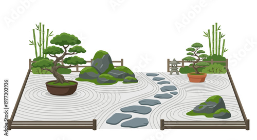 Serene japanese garden with rocks sand and carefully pruned trees