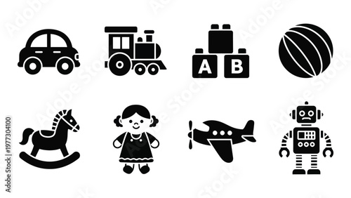 A collection of black silhouette icons depicts various children s toys including vehicles animals and building blocks high quality professional detailed