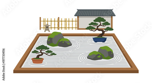 A serene japanese zen garden with rocks sand and a bonsai tree