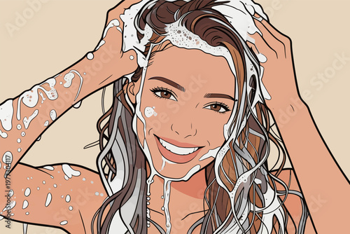 Woman Washing Hair with Shampoo Foam
