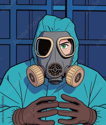 Person in Hazmat Suit with Gas Mask Illustration