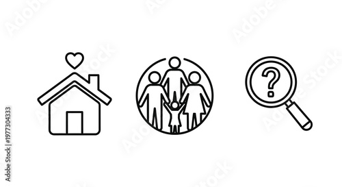 Line art icons depict family home and questions a simple silhouette