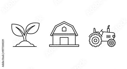 Farm life icons depicting a plant barn and tractor silhouette