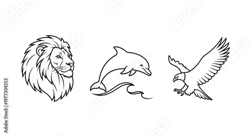 Line art depictions of a lion dolphin and eagle silhouette