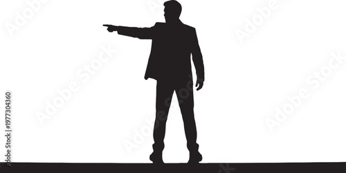 Professional figure pointing towards an unseen direction in formal attire