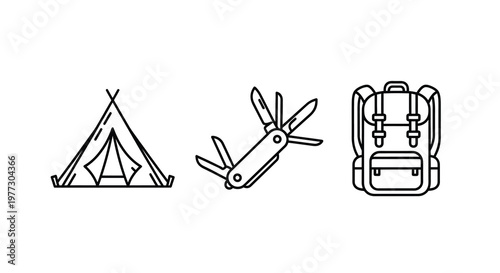 Camping gear icons including a tent knife and backpack silhouette