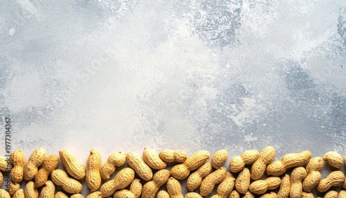 Peanuts lined along the bottom on a textured, light gray surface
