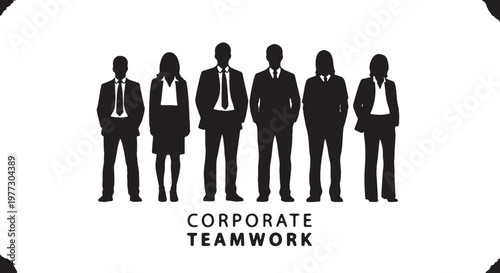 A graphic illustration of corporate teamwork with five professional figures