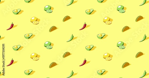 Seamless loop animation of Mexican food icons on yellow background