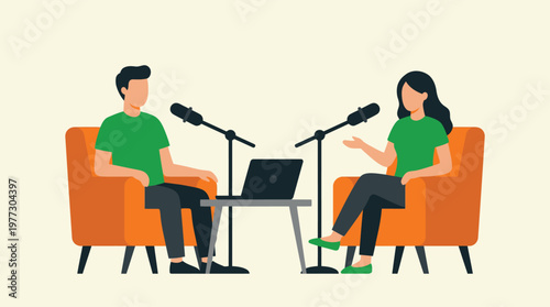 Two people recording a podcast together.