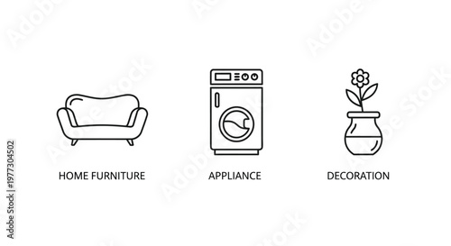 Simple line art icons depict home objects in a minimalist silhouette