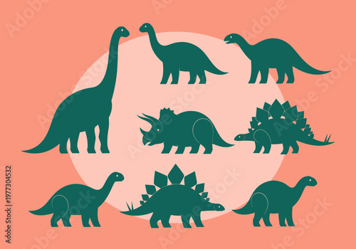 Minimalist Dinosaur Collection with Brachiosaurus Triceratops and Stegosaurus Icons - Stylized Prehistoric Animal Graphics in Flat Design Style for Education and Web