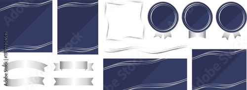 高級感のあるラインの背景と装飾セット　ネイビーブルー＆シルバー