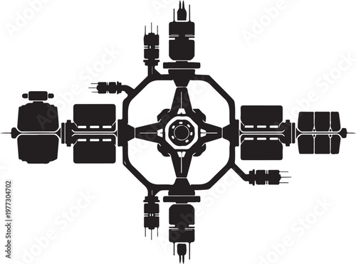 Futuristic robotic machinery, industrial mechanical parts, black and white vector, gear components, robotic limbs
