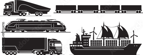 Transportation icons, truck, train, ship, cargo vehicle, logistics symbols, black and white vector graphics