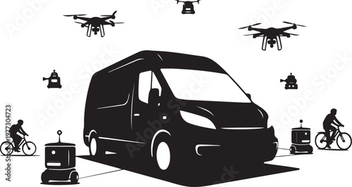 Delivery van, logistics icons, drone delivery, black silhouette, transportation symbols