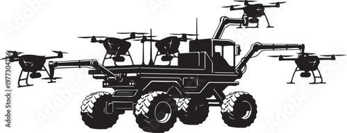 Drone, quadcopter, vehicle, transport, futuristic, black, illustration, set, 6 drones