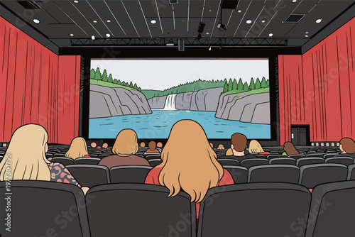 Cinema Audience Watching Animated Landscape Film
