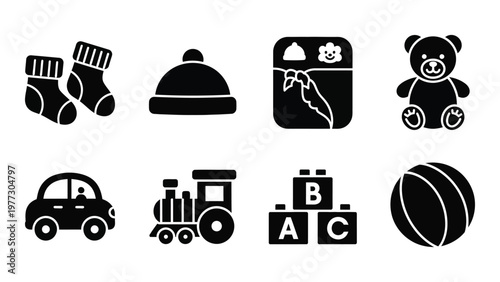 A collection of monochrome icons depicting baby items like socks a hat a rattle toys and building blocks high quality professional
