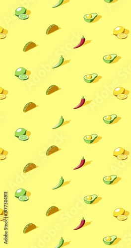 Vertical Seamless loop animation of Mexican food icons on yellow background