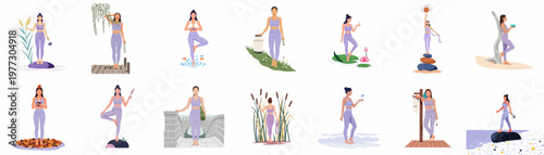 A collection of illustrations featuring a woman in purple yoga wear practicing mindfulness and connecting with nature in various serene outdoor settings.