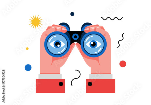 Conceptual Flat Vector Illustration of Hands Holding Binoculars with Eyes, Representing Vision, Search, and Discovery