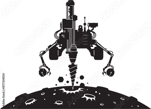 Space robot, lunar lander, drilling machine, black vector illustration