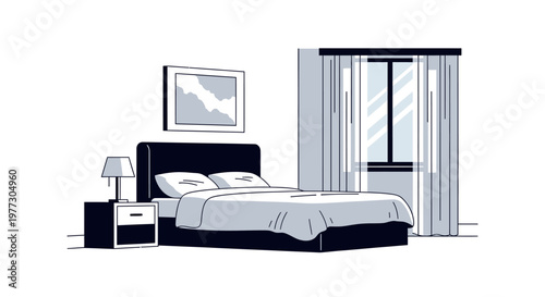 Minimalist bedroom illustration with bed nightstand artwork and window