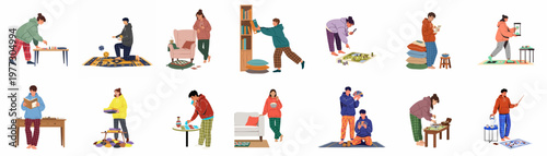 Collection of people in pajamas enjoying various board games, card games, and tabletop activities at home, isolated on a white background.