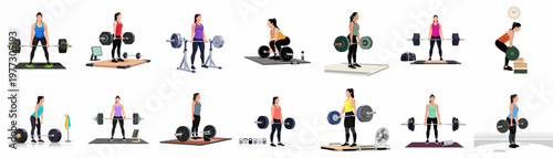 Set of flat vector illustrations featuring women performing deadlifts and barbell strength training exercises in various gym environments and poses.